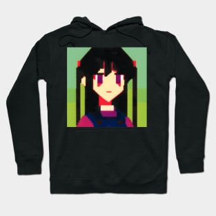 A pixel art picture of a girl with black hair with -_- Face Hoodie